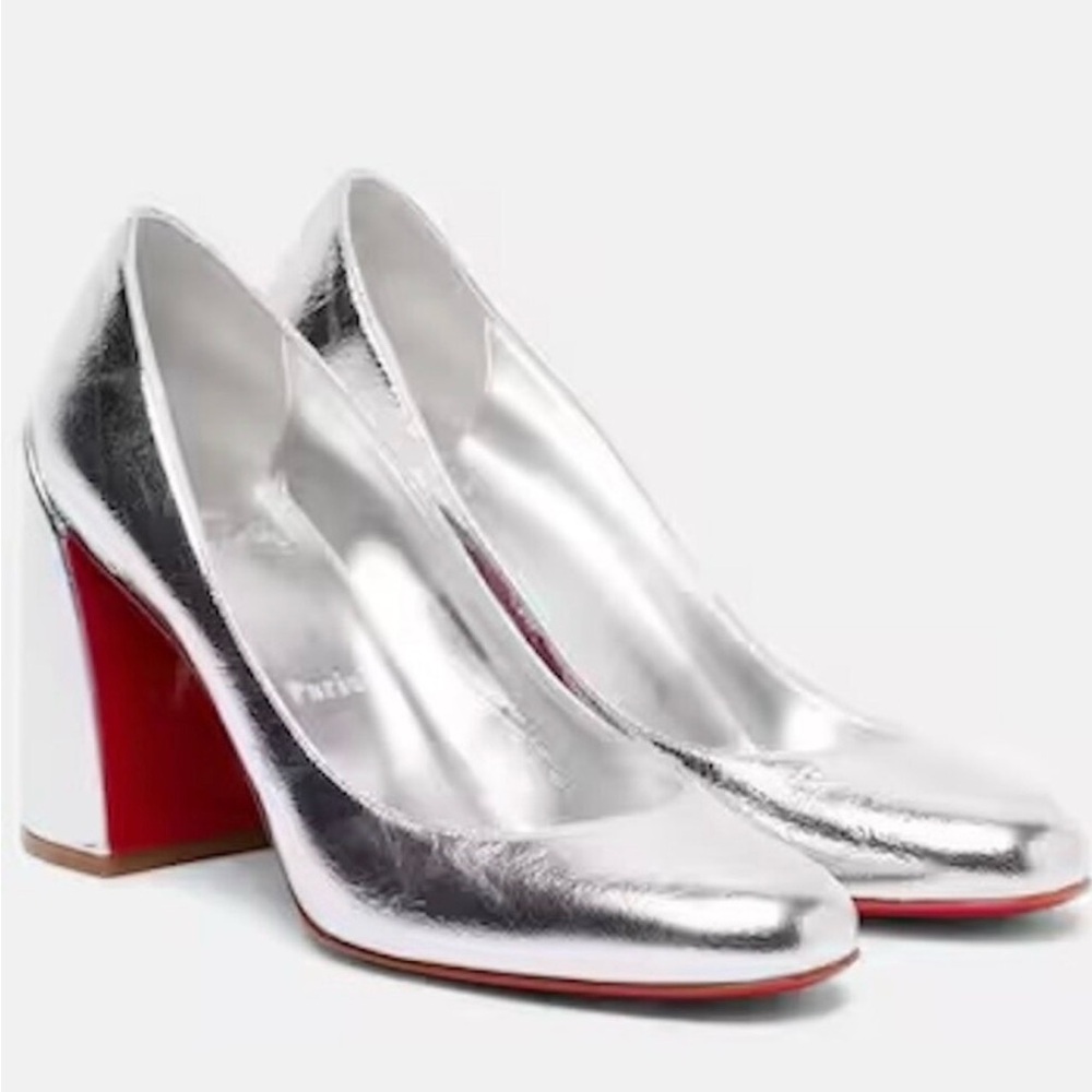 Christian Louboutin Metallic Silver Block Heel Pumps